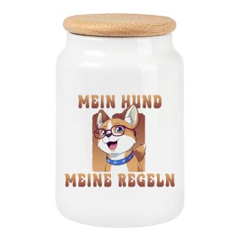 Chiens avec des lunettes et disant : mon chien, mes règles - Boîte à biscuits avec couvercle en bois - blanc - Devant