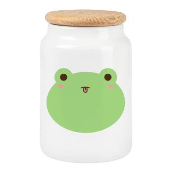 Mignon grenouille dessin animé visage design - Boîte à biscuits avec couvercle en bois - blanc - Devant