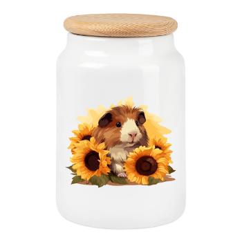 Motif ludique de cochon d’Inde avec des tournesols - Boîte à biscuits avec couvercle en bois - blanc - Devant
