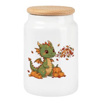 Herbstdrache mit Kürbissen - Keksdose mit Holzdeckel - Weiß - Vorne