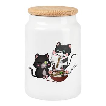 Katzen essen Ramen - Keksdose mit Holzdeckel - Weiß - Vorne