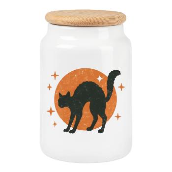 Black cat silhouette on orange moon - Cookie Jar with Wooden Lid - white - Front