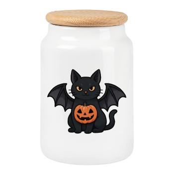 Halloween Bat Cat with Pumpkin - Cookie Jar with Wooden Lid - white - Front