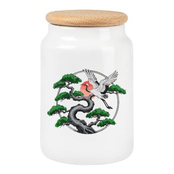 Cranes & Twisted Pine Tree - Cookie Jar with Wooden Lid - white - Front