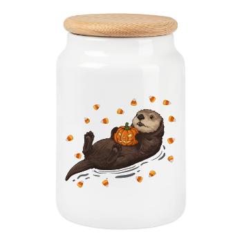 Verspielter Otter mit Kürbis - Keksdose mit Holzdeckel - Weiß - Vorne