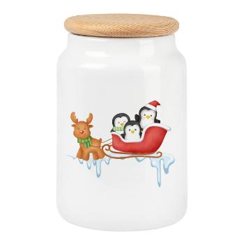 Penguin Sleigh Ride in Winter Wonderland - Cookie Jar with Wooden Lid - white - Front