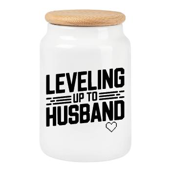 Leveling Up To Husband - Cookie Jar with Wooden Lid - white - Front