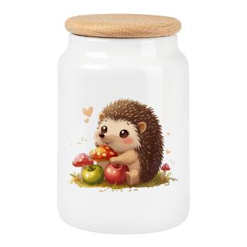 Süßer Igel mit Pilzen und Äpfel - Keksdose mit Holzdeckel - Weiß - Vorne
