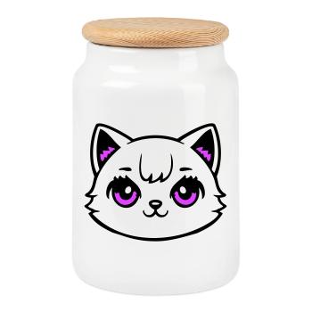 Katzenkopf Pink Augen Weiß Mieze Süß Kawaii Rosa - Keksdose mit Holzdeckel - Weiß - Vorne