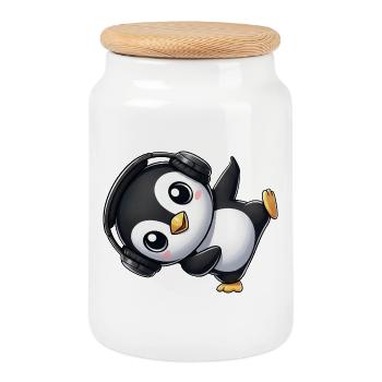 Funny penguin dancing breakdance with headphones - Cookie Jar with Wooden Lid - white - Front