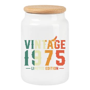 1975 Vintage Retro Birthday Gift - Cookie Jar with Wooden Lid - white - Front