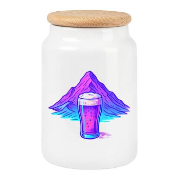 Neon Bierglas vor Berglandschaft - Keksdose mit Holzdeckel - Weiß - Vorne