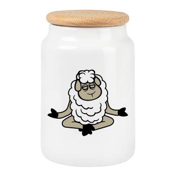 mouton détendu paisible yoga lotus méditation - Boîte à biscuits avec couvercle en bois - blanc - Devant