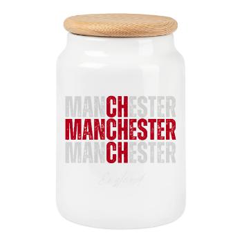 Manchester England, British Pride - Cookie Jar with Wooden Lid - white - Front
