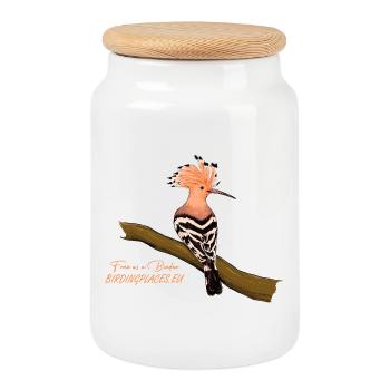 Hoopoe with raised crest on branch - Cookie Jar with Wooden Lid - white - Front