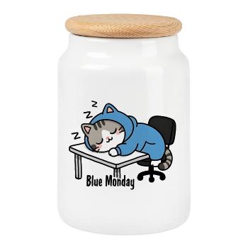 Chat dormant au travail, blue monday - Boîte à biscuits avec couvercle en bois - blanc - Devant