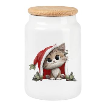 Chaton en chapeau de Noël rouge Chat de Noël - Boîte à biscuits avec couvercle en bois - blanc - Devant