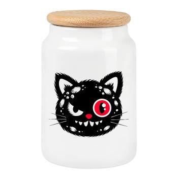 Chat noir aux yeux rouges - Boîte à biscuits avec couvercle en bois - blanc - Devant