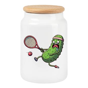 Drôle de concombre jouant au tennis avec bandeau - Boîte à biscuits avec couvercle en bois - blanc - Devant