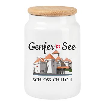 Lake Geneva Chillon Castle, Switzerland Hand Drawing - Cookie Jar with Wooden Lid - white - Front