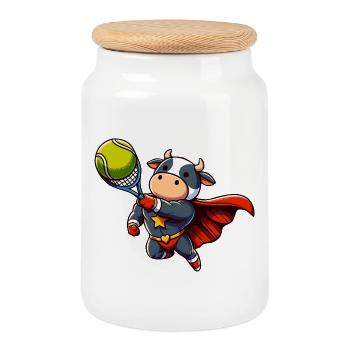 Superhero cow playing tennis with racket - Cookie Jar with Wooden Lid - white - Front