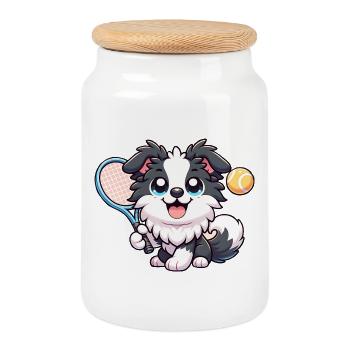 Süßer Border Collie Mit Tennisschläger Und Ball - Keksdose mit Holzdeckel - Weiß - Vorne