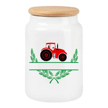 Roter Traktor mit Namensraum - Keksdose mit Holzdeckel - Weiß - Vorne