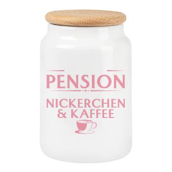 Pension Nickerchen und Kaffee - Abschied Kollegin - Keksdose mit Holzdeckel - Weiß - Vorne