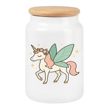 Cute Fairy Unicorn with Flowers and Sparkles - Cookie Jar with Wooden Lid - white - Front