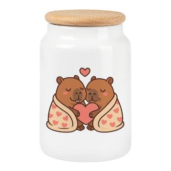 Capybara Couple – Snuggled up with heart motif - Cookie Jar with Wooden Lid - white - Front