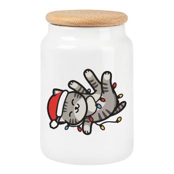 Katze Lichterkette Weihnachten Kawaii	 - Keksdose mit Holzdeckel - Weiß - Vorne