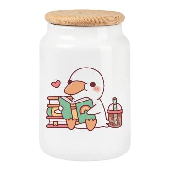 Le canard blanc mignon adore lire des livres - Boîte à biscuits avec couvercle en bois - blanc - Devant