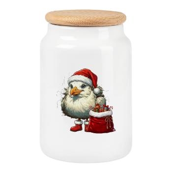 Christmas - Seagull in Christmas Outfit - Cookie Jar with Wooden Lid - white - Front