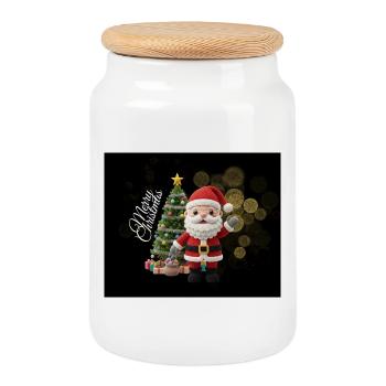 Gestrickter Santa mit Weihnachtsbaum - Keksdose mit Holzdeckel - Weiß - Vorne