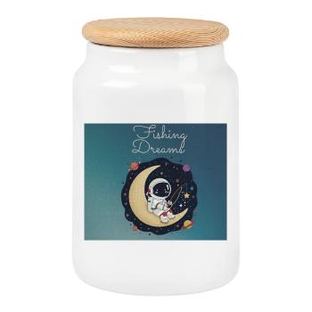 Astronaut sitz auf dem Mond und angelt Träume  - Keksdose mit Holzdeckel - Weiß - Vorne