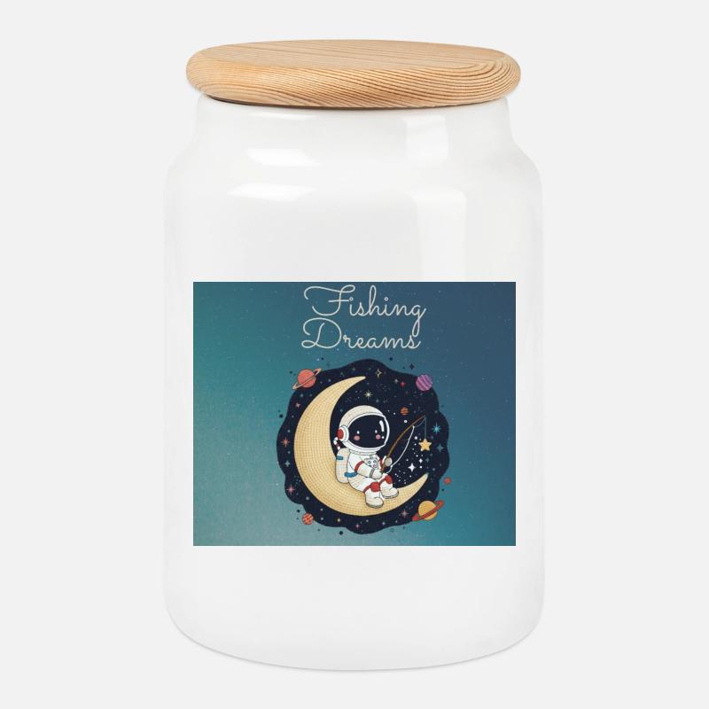 Astronaut sitz auf dem Mond und angelt Träume  - Keksdose mit Holzdeckel - Weiß