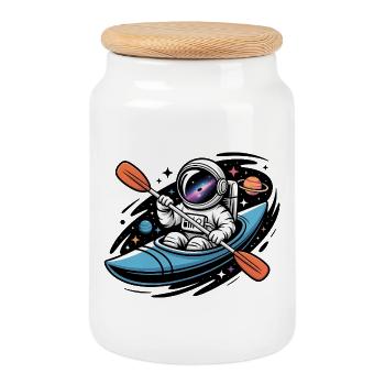 Astronaut Kayak - Cool Alien Logo - Cookie Jar with Wooden Lid - white - Front