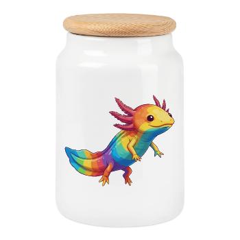 Farbenfrohes Axolotl-Regenbogen-Pop-Art-Aquarell - Keksdose mit Holzdeckel - Weiß - Vorne