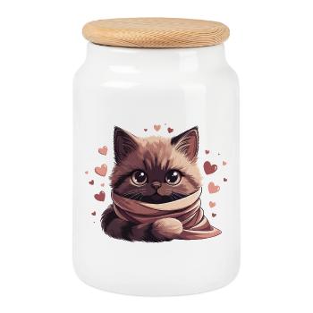 Cozy kitten wrapped in a scarf - Cookie Jar with Wooden Lid - white - Front