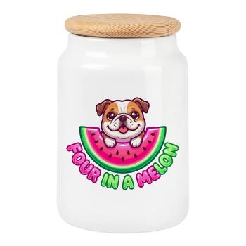 Quatre dans un bouledogue melon - Boîte à biscuits avec couvercle en bois - blanc - Devant