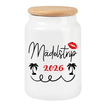 Mädelstrip 2026 Girls Trip Mädelstour Mädlstrip - Keksdose mit Holzdeckel - Weiß - Vorne