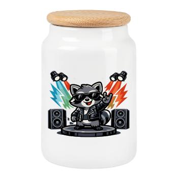 Retro Waschbär Rock – Musik Geschenk - Keksdose mit Holzdeckel - Weiß - Vorne