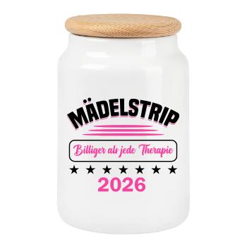 Mädelstrip 2026 Girls Trip Mädelstour Mädlstrip - Keksdose mit Holzdeckel - Weiß - Vorne