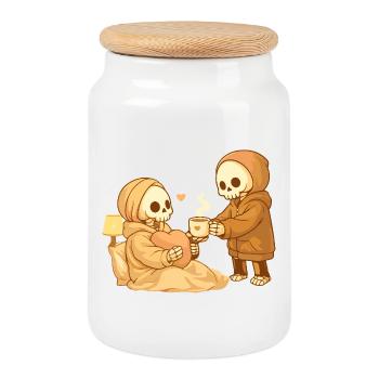 Un squelette douillet apporte le thé – Petit geste, beaucoup de cœur - Boîte à biscuits avec couvercle en bois - blanc - Devant