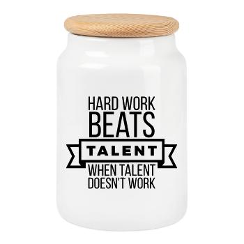 Harte Arbeit schlägt Talent – Motivation Schwarz - Keksdose mit Holzdeckel - Weiß - Vorne