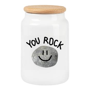 You Rock Minimal Wortspiel Statement Smile Stein - Keksdose mit Holzdeckel - Weiß - Vorne