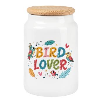 Bird Lover: Cheerful Colors and Feathers - Cookie Jar with Wooden Lid - white - Front