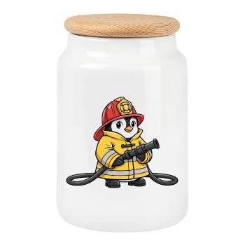 Mignon Pingouin Pompier, Sauveteur, Assistant de dessins animés, héros - Boîte à biscuits avec couvercle en bois - blanc - Devant