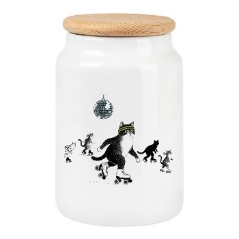 Chats patineurs à roulettes - Boîte à biscuits avec couvercle en bois - blanc - Devant
