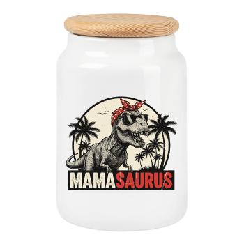 Mamasaurus – Cool T-Rex Design for Moms - Cookie Jar with Wooden Lid - white - Front